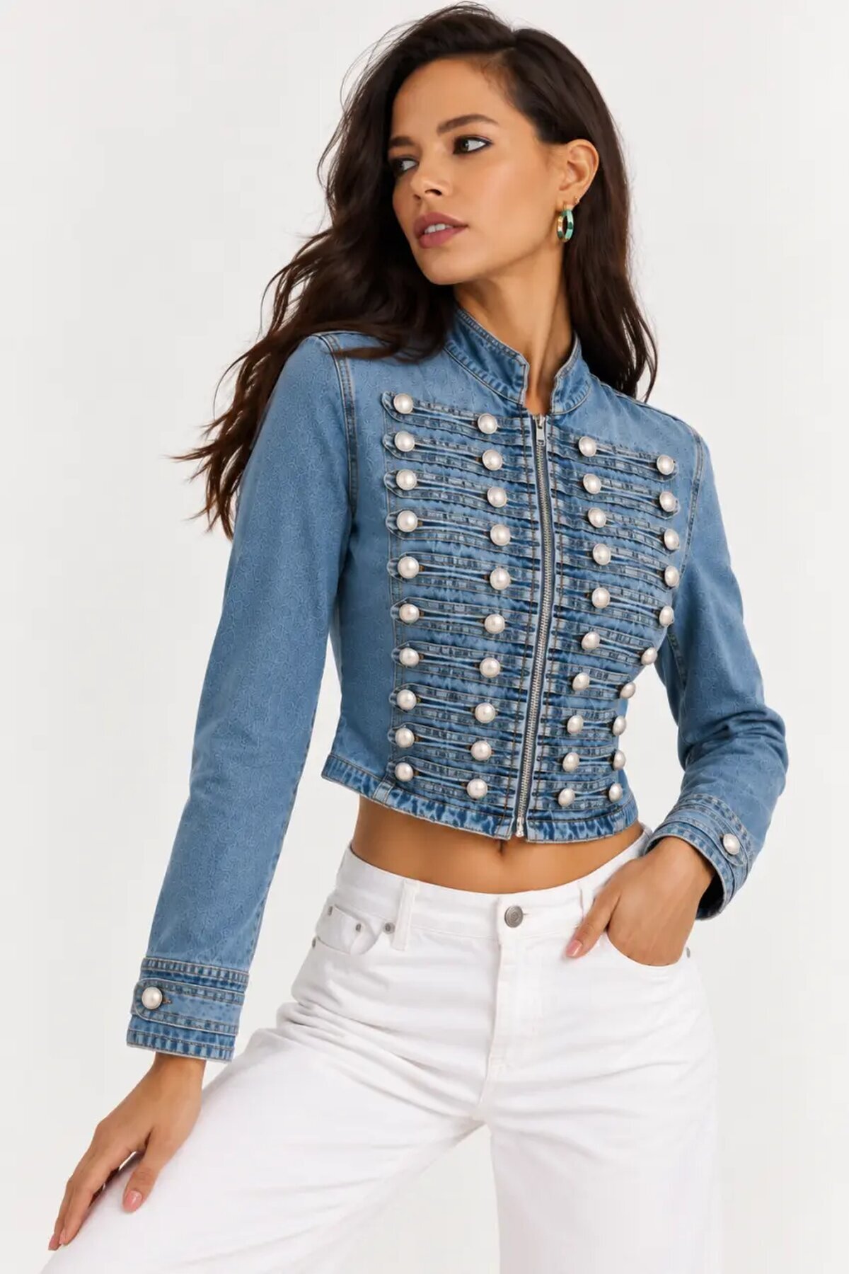 Kadın Premium Metal Düğme Detaylı Crop Denim Ceket