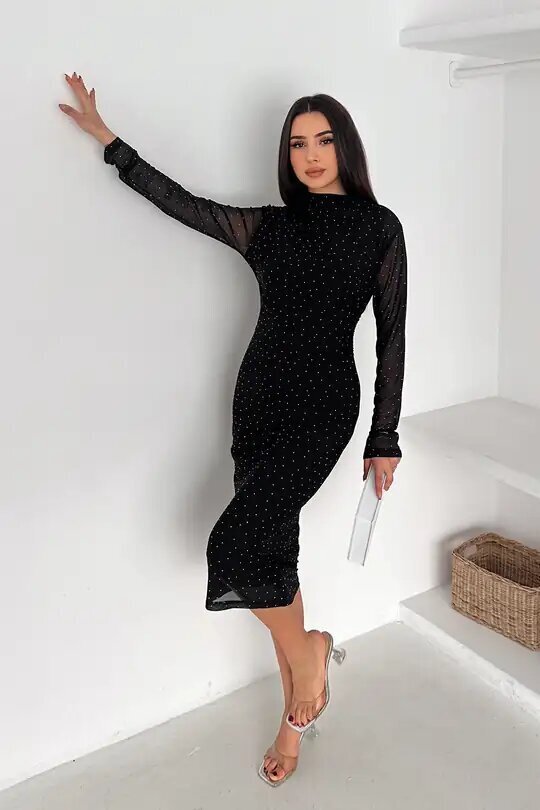 Kadın Puantiye Desenli Transparan Kollu Elbise