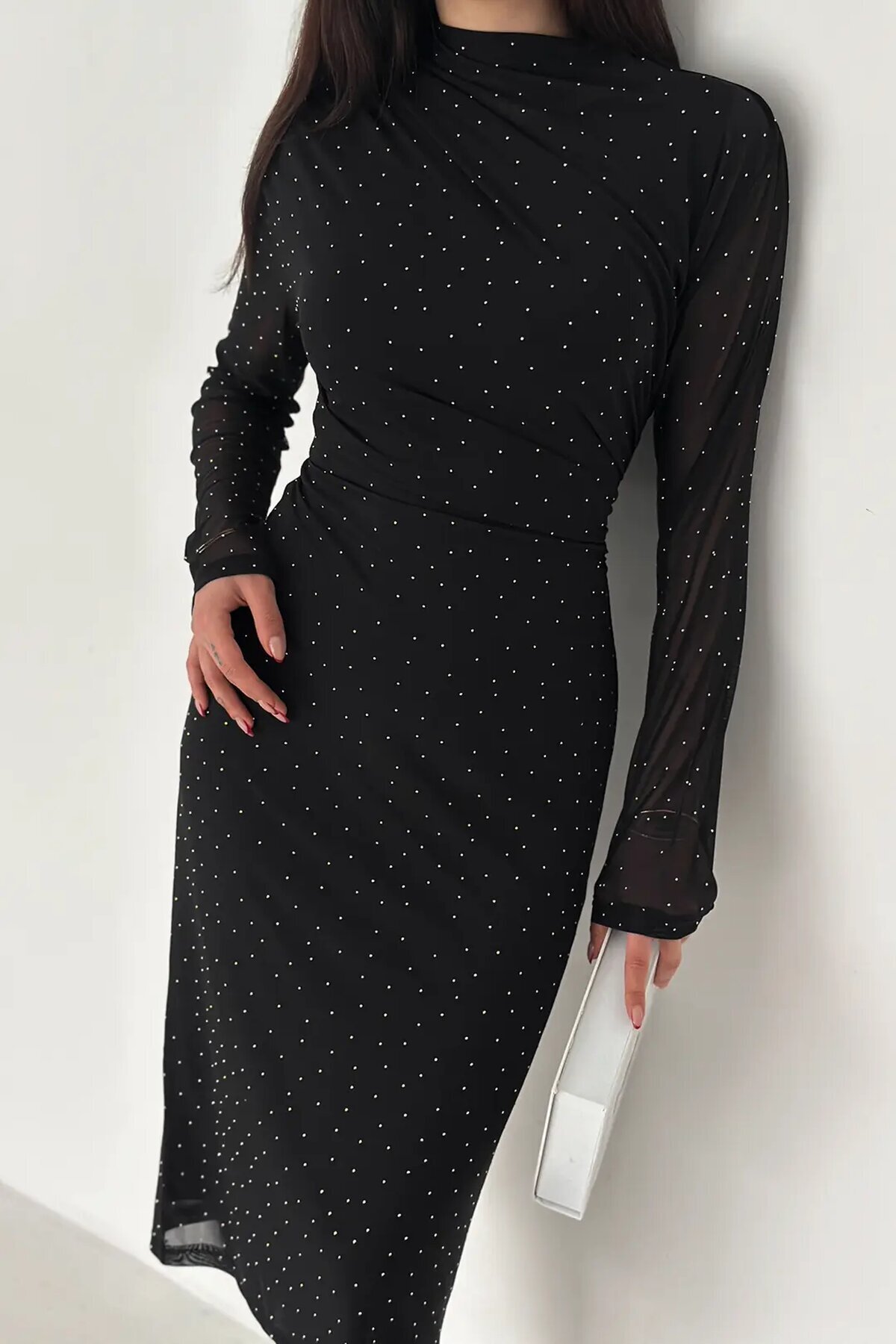 Kadın Puantiye Desenli Transparan Kollu Elbise