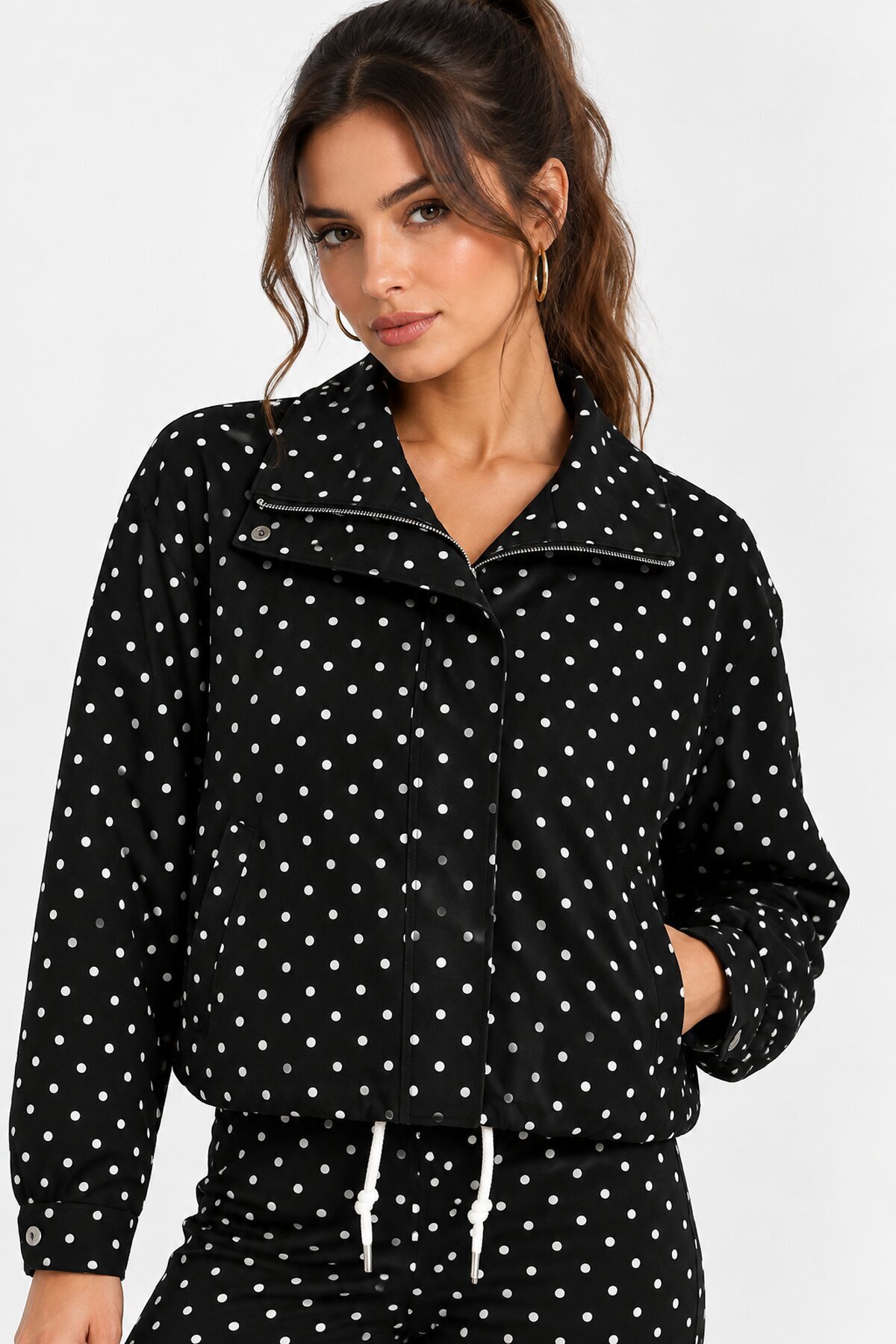 Kadın Siyah Beyaz Puantiyeli Ceket Pantolon Takım 2’li Rahat Kesim