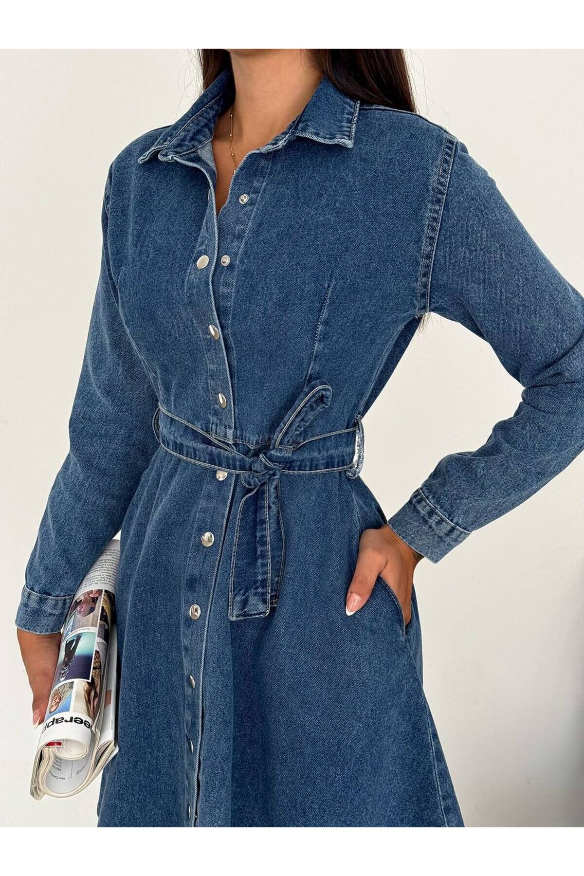 Kemer Detaylı Düğmeli Jean Gömlek Elbise