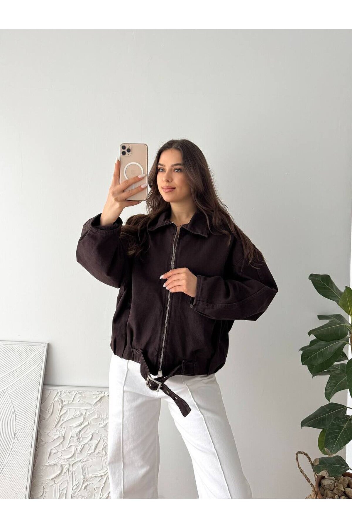 Kemer Detaylı Oversize Denim Ceket – Kahverengi
