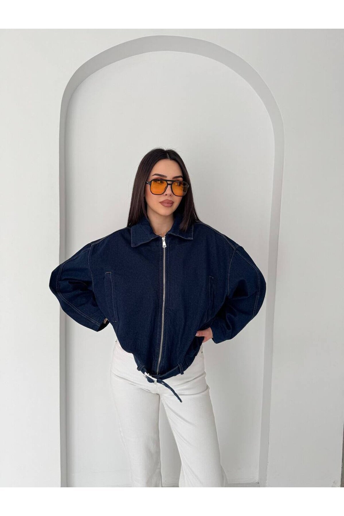 Kemer Detaylı Oversize Denim Ceket – Lacivert