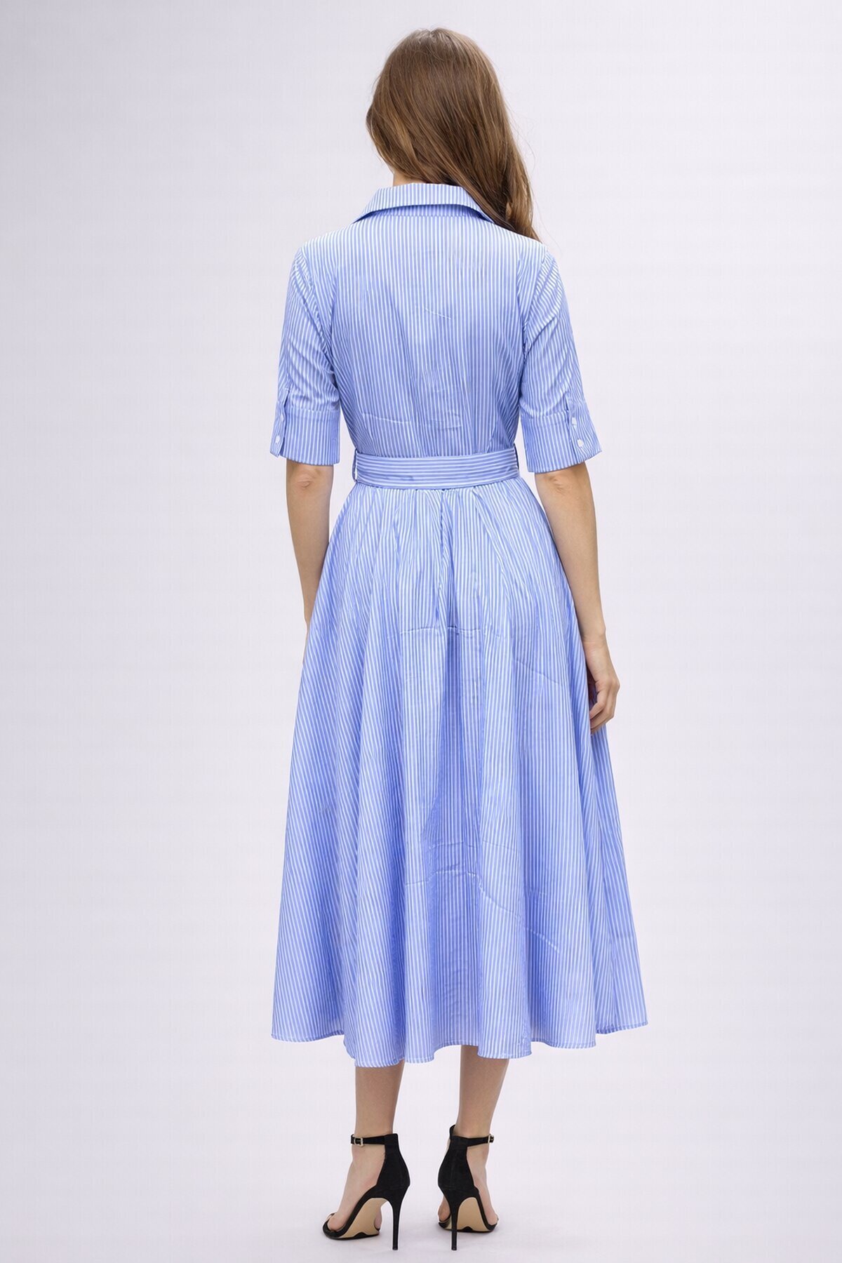 Mavi Çizgili Gömlek Yaka Midi Elbise – Rahat Kesim Günlük Şıklık
