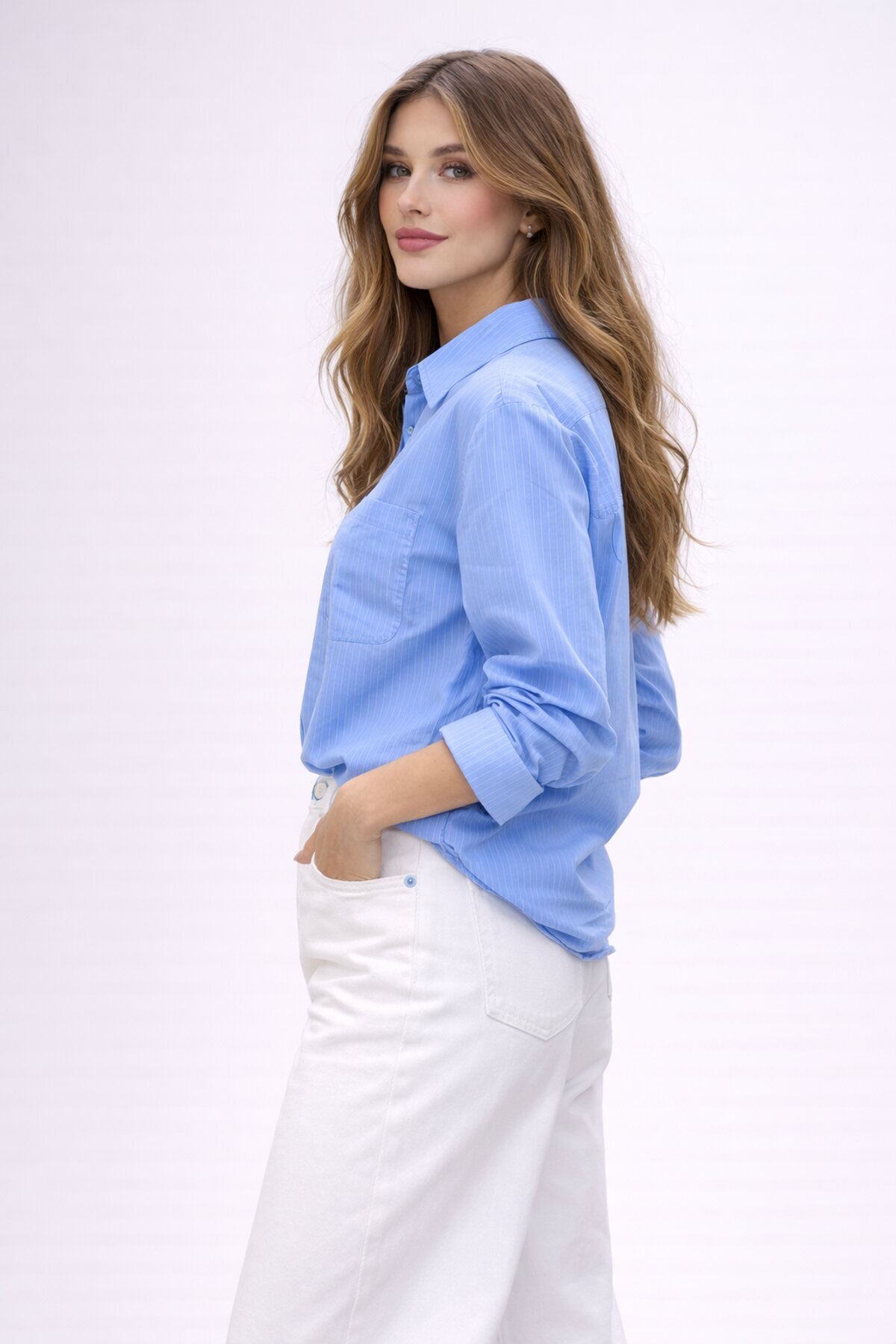 Mavi Çizgili Jakar Kumaş Oversize Gömlek