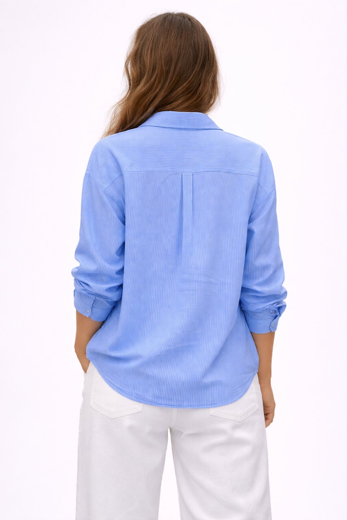 Mavi Çizgili Jakar Kumaş Oversize Gömlek