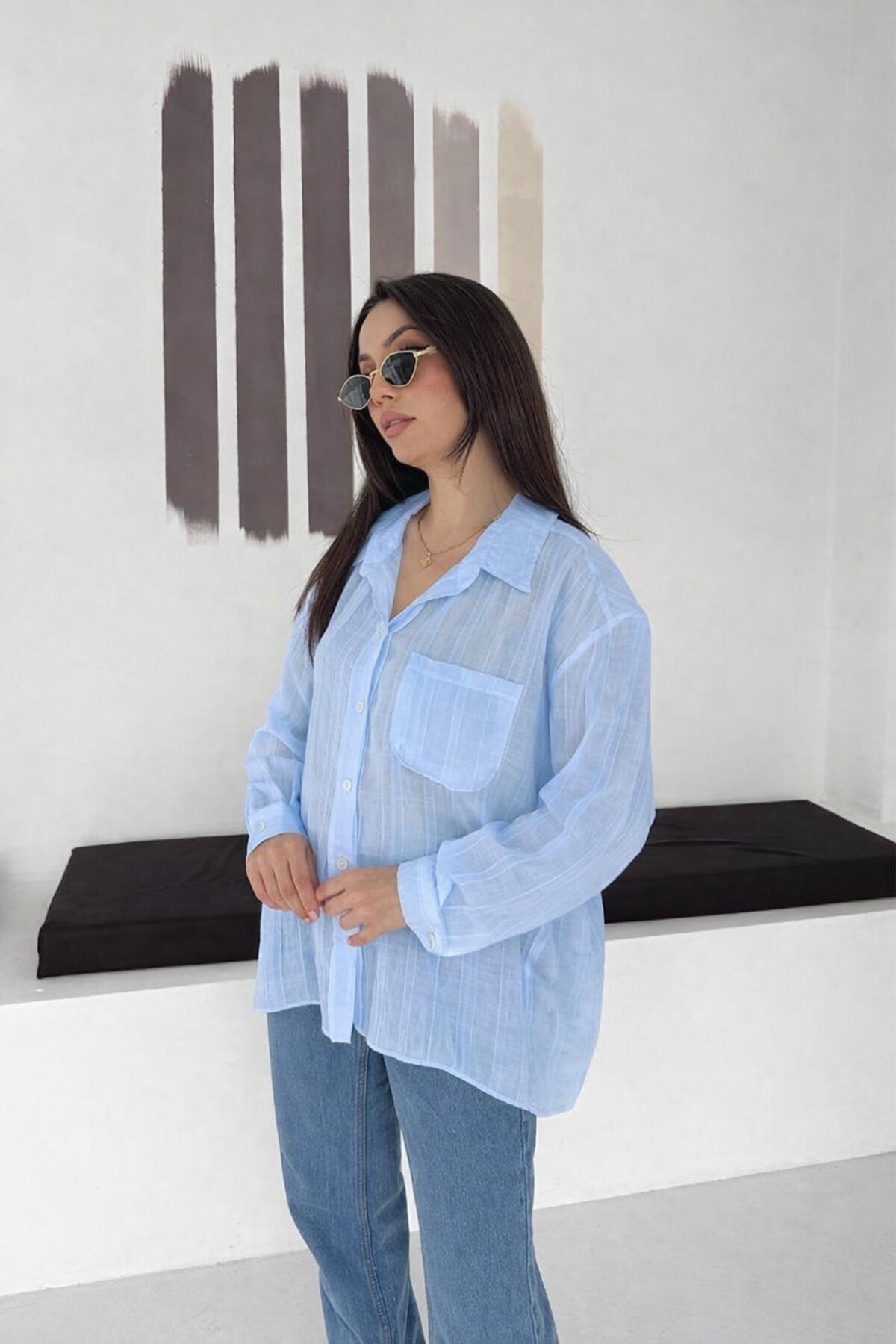 Mavi Çizgili Transparan Dokulu Oversize Kadın Gömlek