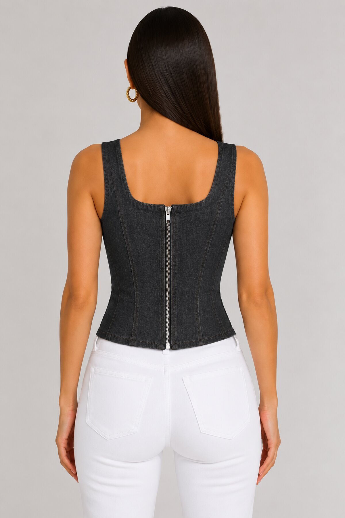 Retro Denim Bağcıklı Korse – Lacivert