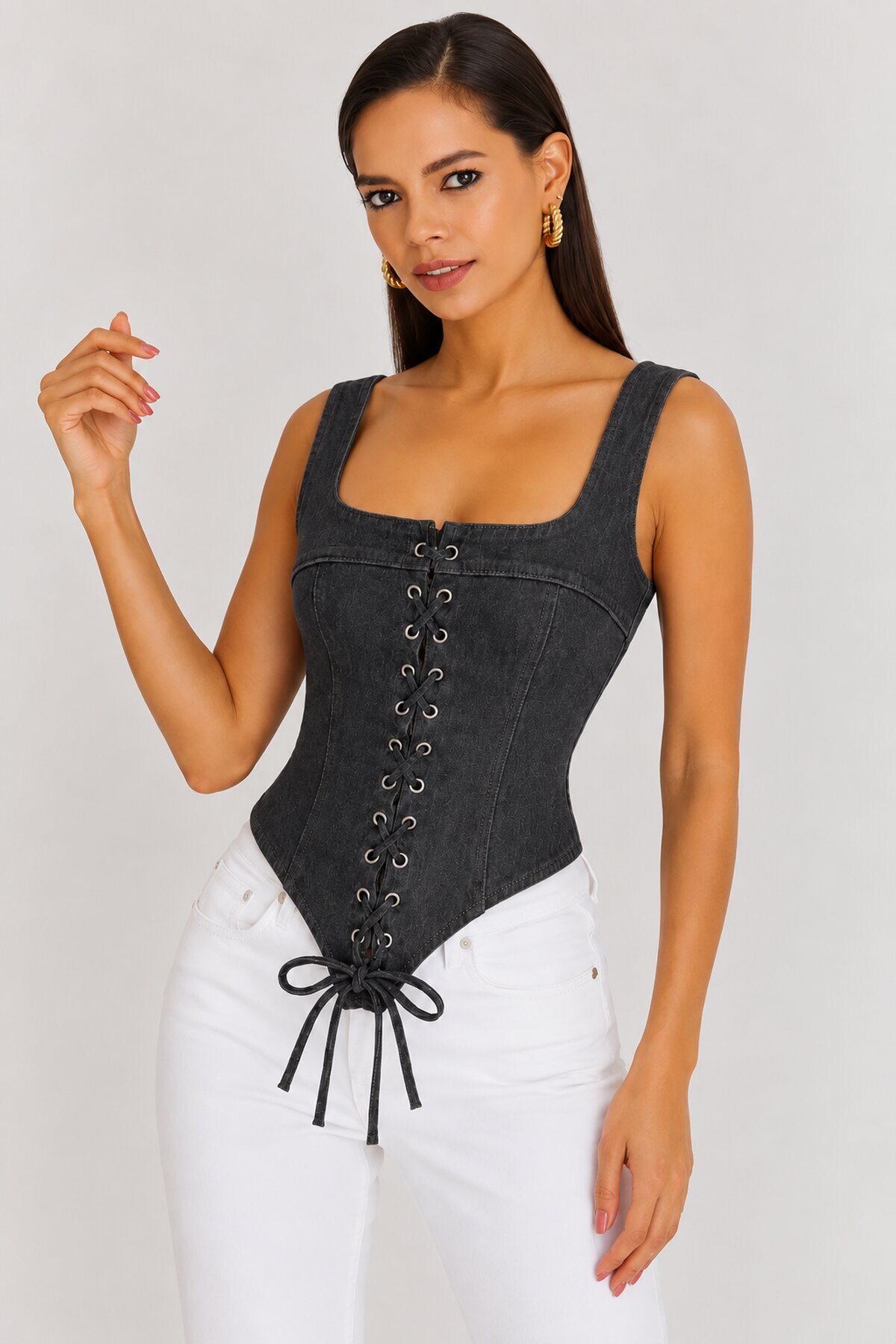 Retro Denim Bağcıklı Korse – Lacivert