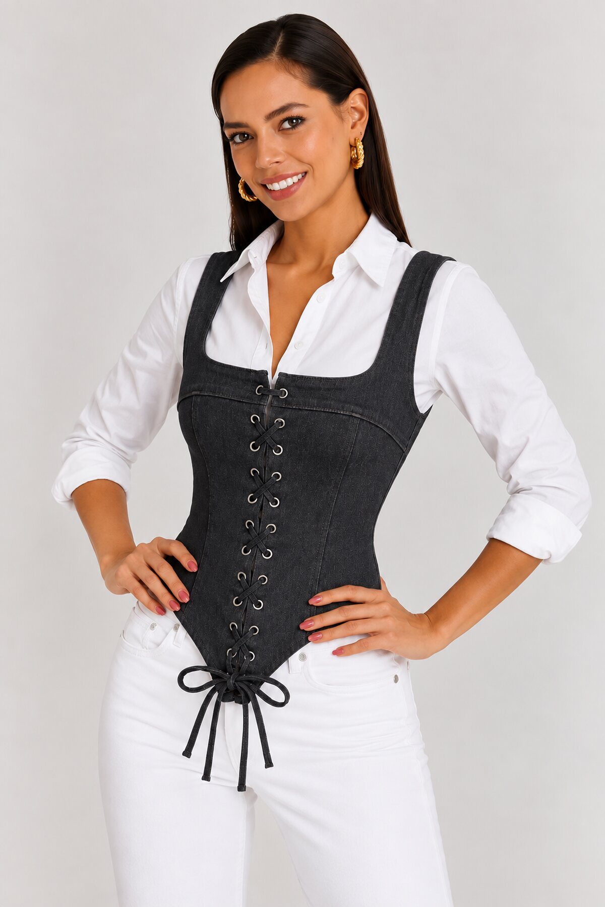 Retro Denim Bağcıklı Korse – Lacivert
