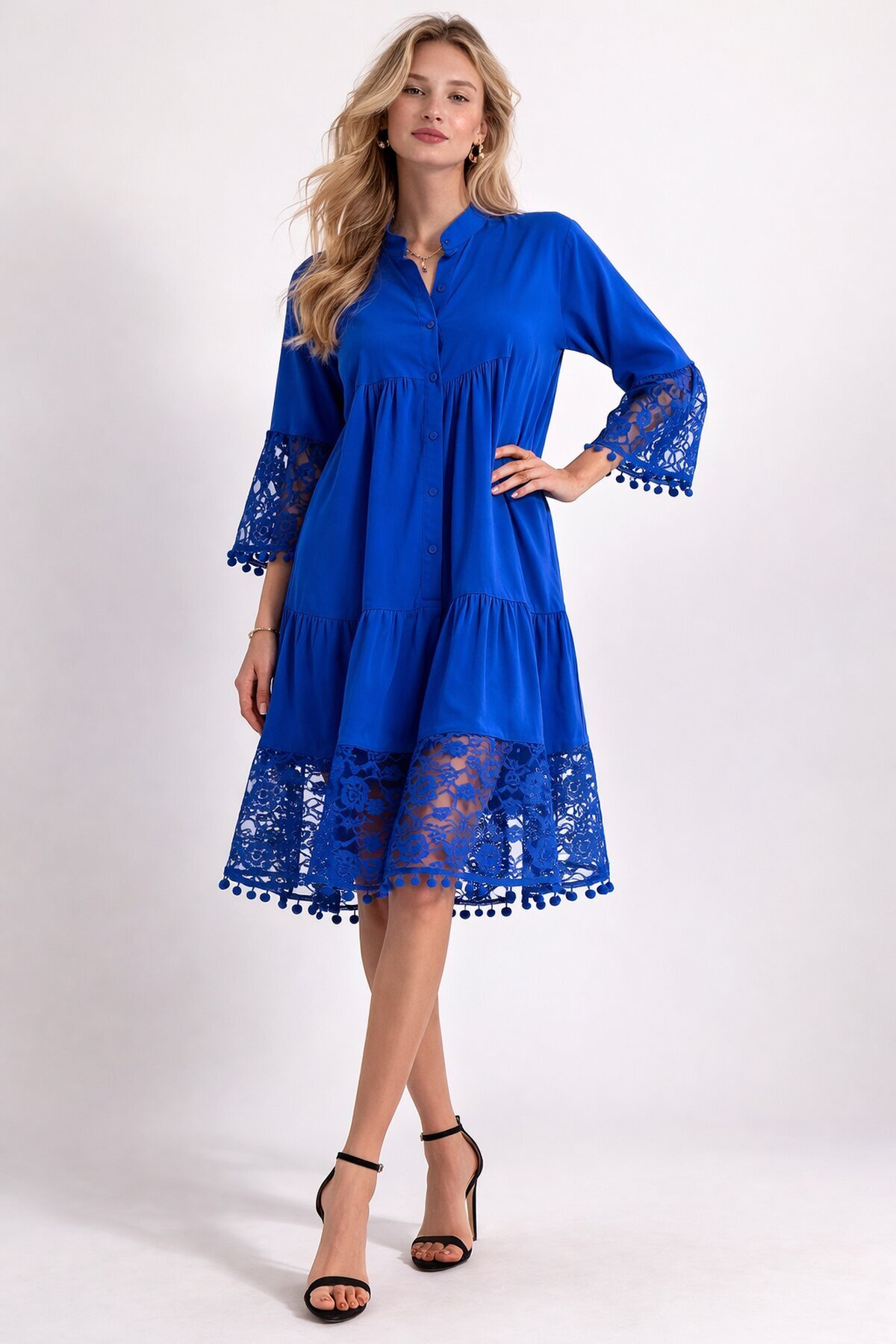 Saks Hakim Yaka Düğmeli Tül Detaylı Viskon Elbise