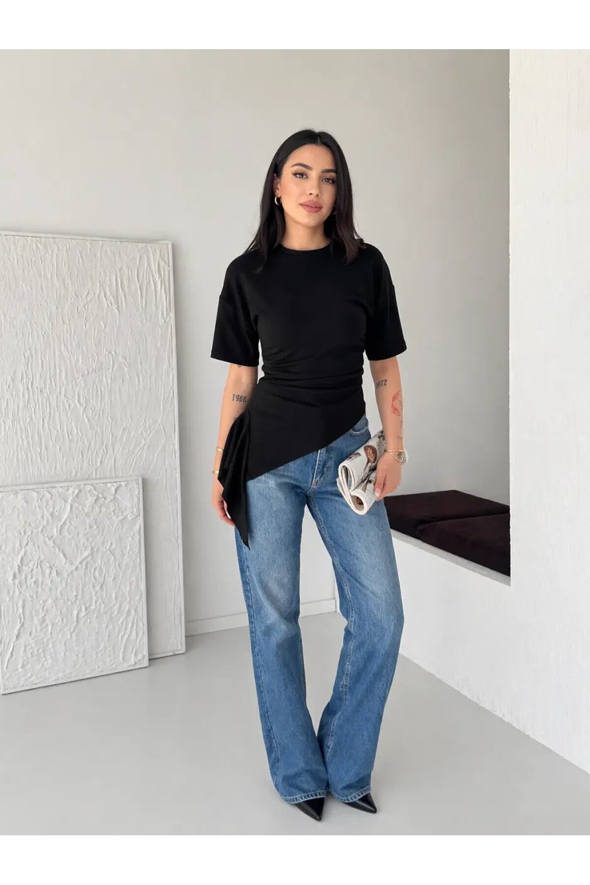 Siyah Asimetrik Drapeli Modern Basic Bluz