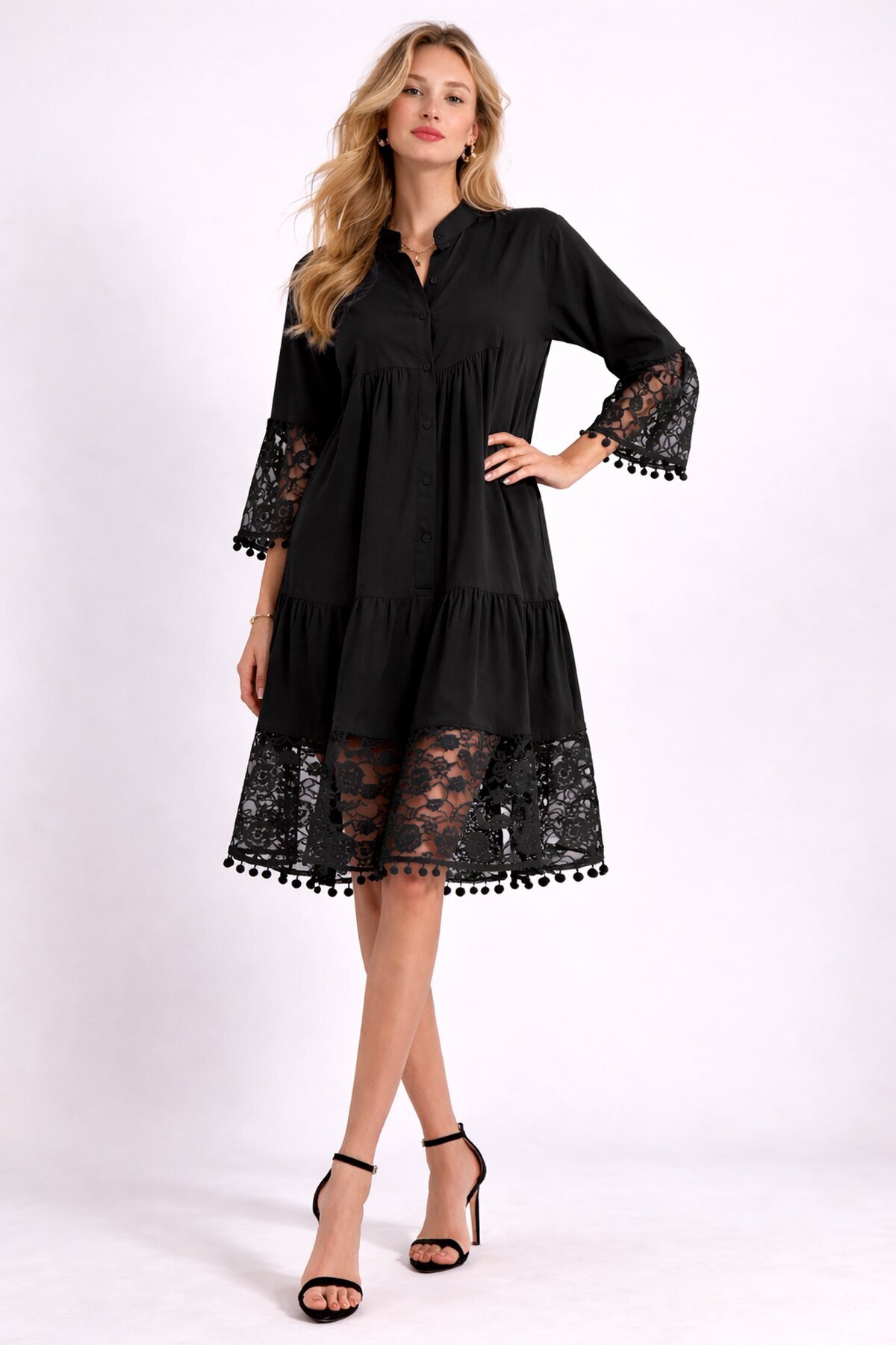 Siyah Hakim Yaka Düğmeli Tül Detaylı Viskon Elbise