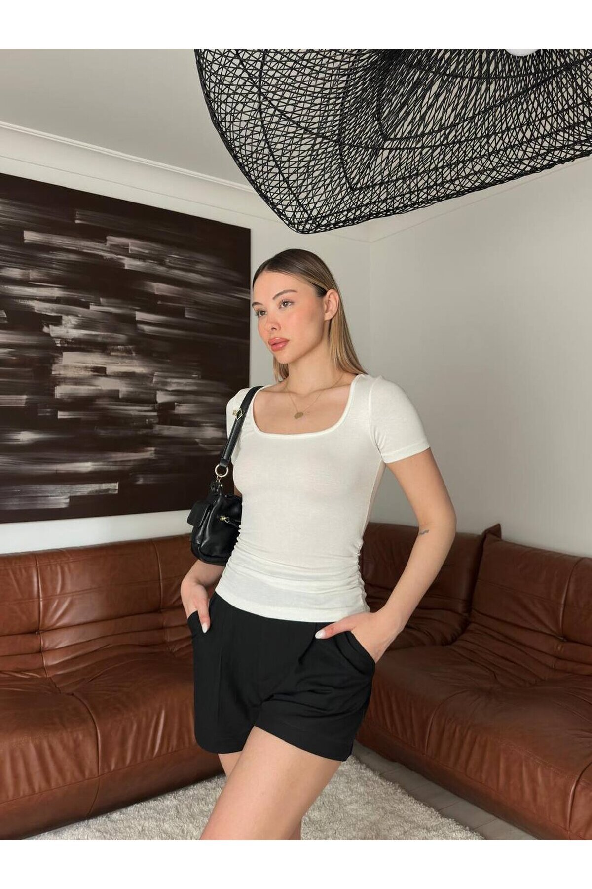 U yaka Yanı Lastikli Bluz