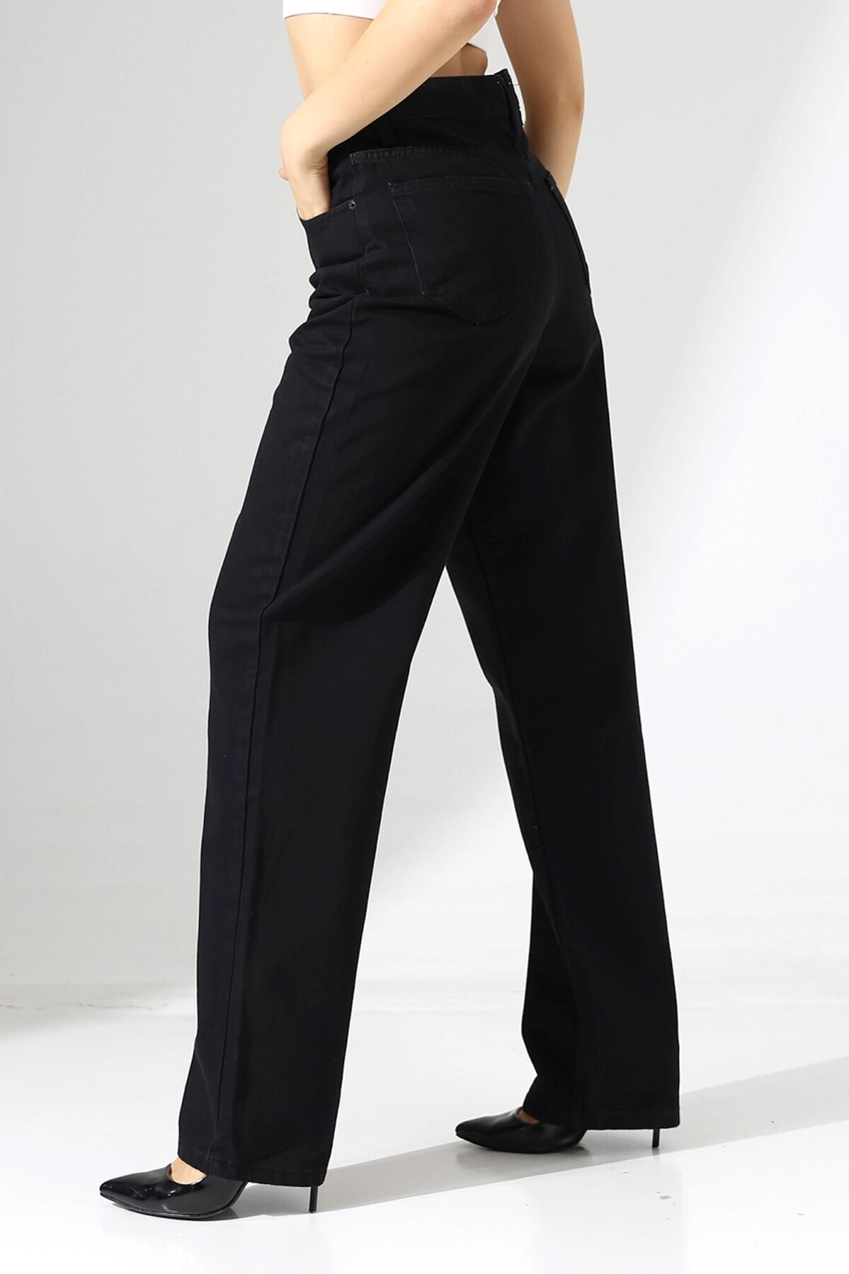 Yüksek Bel Düz Paça Siyah Pantolon