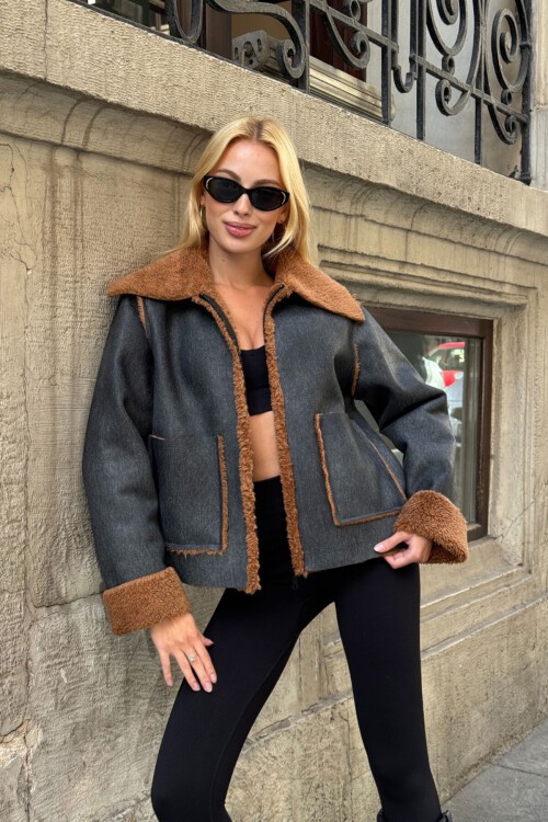 Antrasit Çift Cepli İçi Suni Kürklü Biker Mont