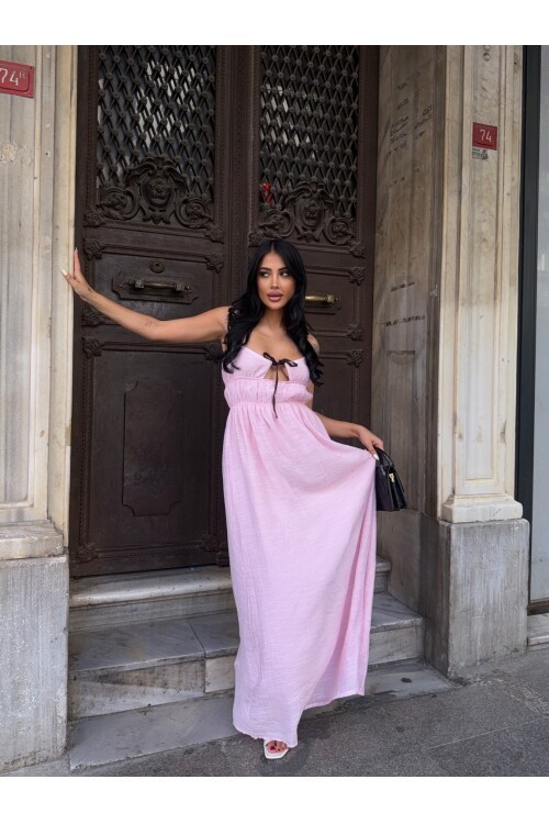 Askılı Göğüs Bağlama Detay Keten Elbise Pembe