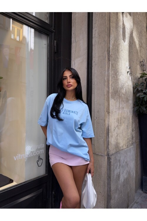 Baskılı Mavi Oversiz T-Shirt
