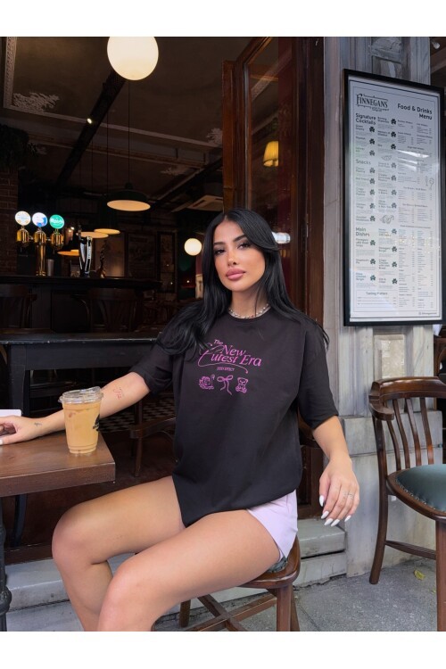 Baskılı Oversize Siyah T-shirt