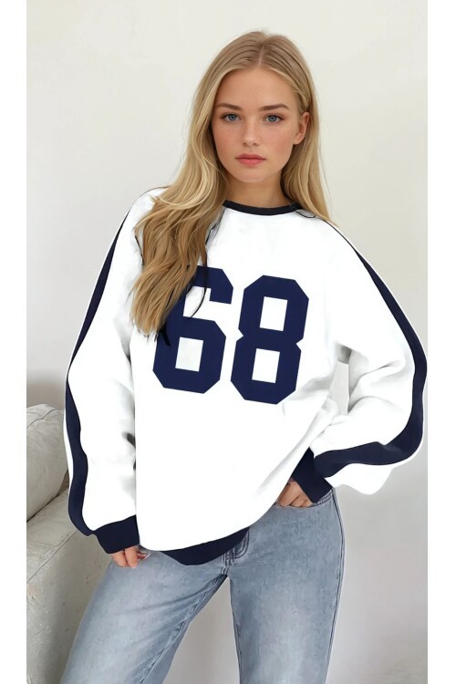 Beyaz Lacivert 68 Baskılı Üç İplik Oversize Sweatshirt