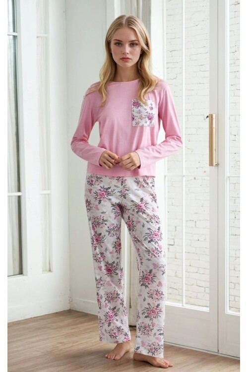 Cep Detay Çiçek Desen Uzun Kollu Pijama Takımı