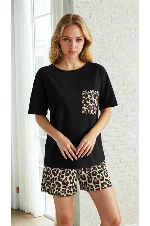 Cep Detay Leopar Desen Kısa Kol Şortlu Pijama Takım