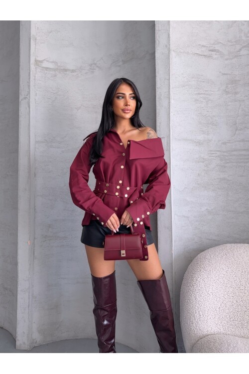 Çıtçıtlı Kemerli Bordo Gömlek