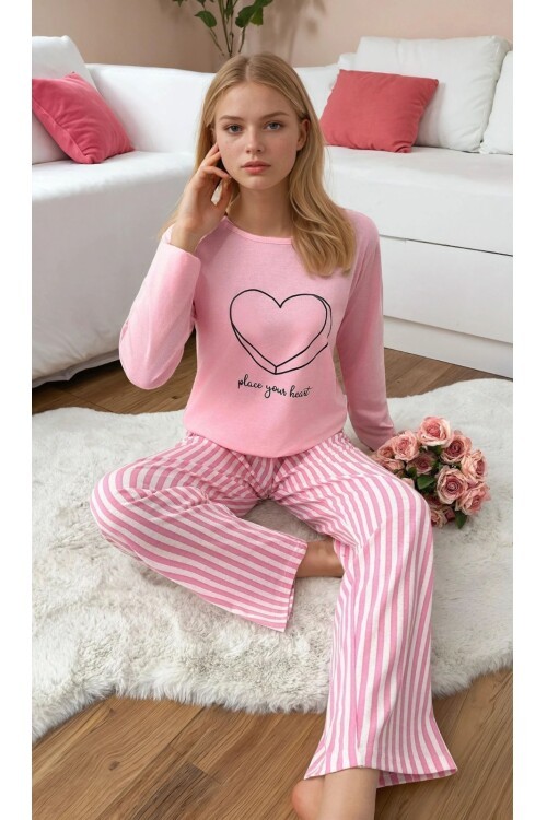 Çizgili Kalp Detay Uzun Kollu Pijama Takım