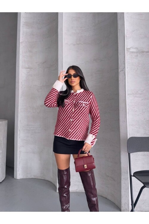 Çizgili Kol Detay Triko Ceket Hırka