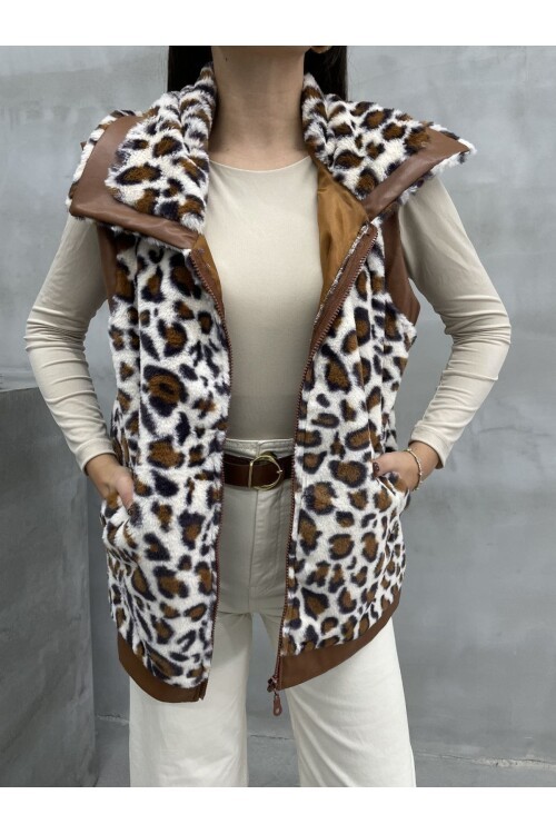 Deri Garnili Astarlı Leopar Yelek