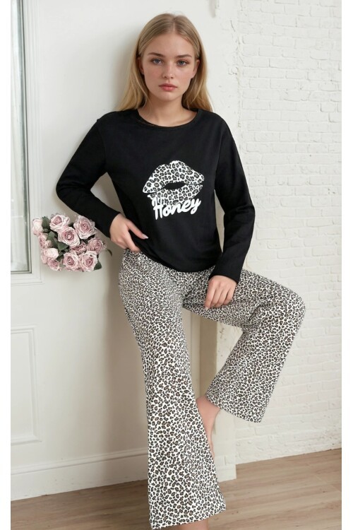 Dudak Baskılı Leopar Detay Pijama Takımı