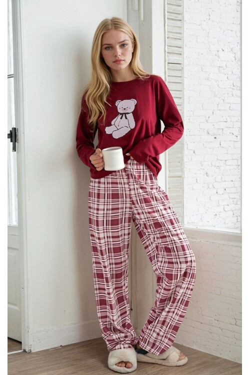 Ekose Desen Ayıcık Detay Uzun Kol Pijama Takımı