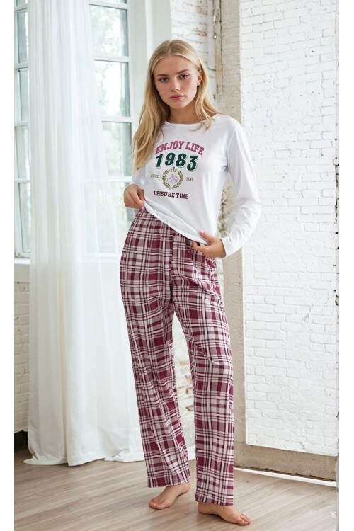 Ekose Desen Yazı Baskılı Uzun Kol Pijama Takımı