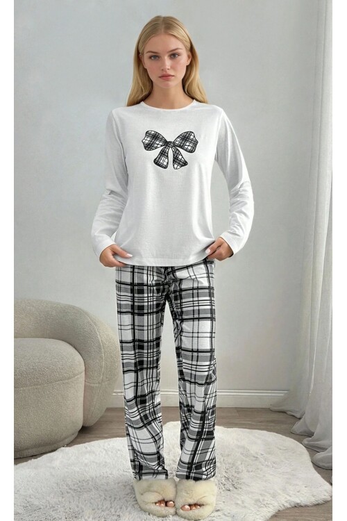 Ekose Desenli Kurdele Baskılı Pijama Takımı