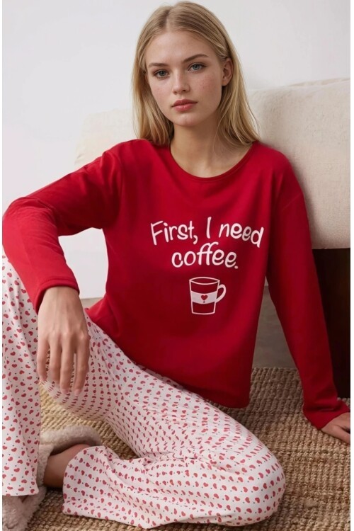 First I Need Coffee Baskılı Kalpli Pijama Takım