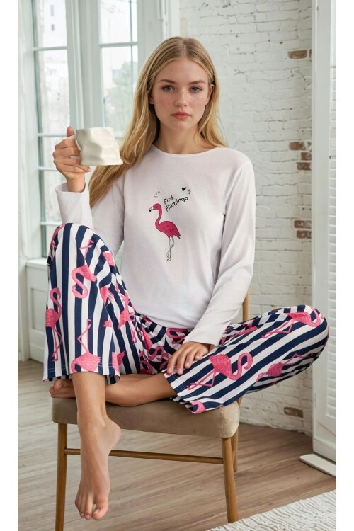 Flamingo Desenli Çizgili Uzun Kollu Pijama Takımı