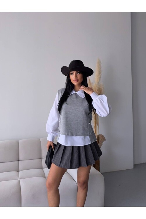 Gömlek Detay Gri Triko Bluz