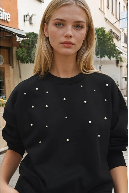 İnci Detaylı Siyah Sweatshirt