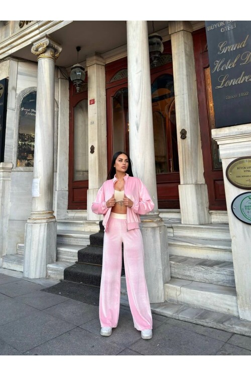 Kadife Fermuarlı Alt Üst Takım Pudra