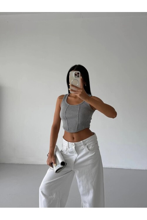 Kadın Gri Kaşkorse Crop Bluz