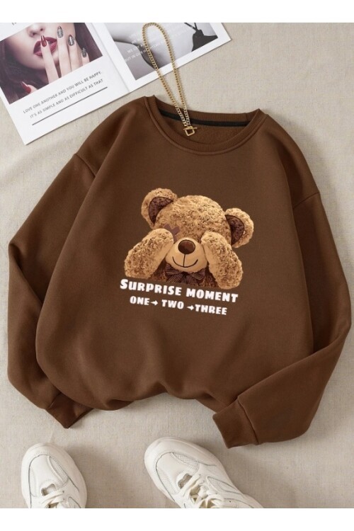 Kadın Kahverengi Ayıcık Baskılı Oversize Sweatshirt