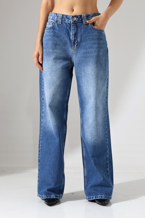 Kadın Mavi Yıkamalı Wide Leg Jean