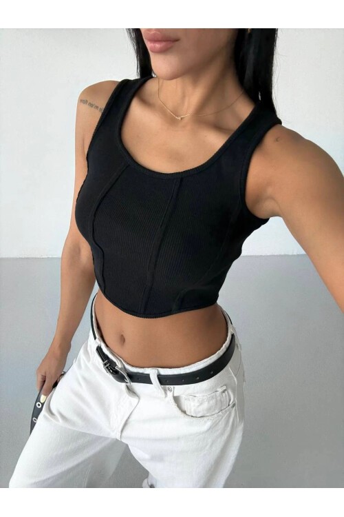 Kadın Siyah Kaşkorse Crop Bluz
