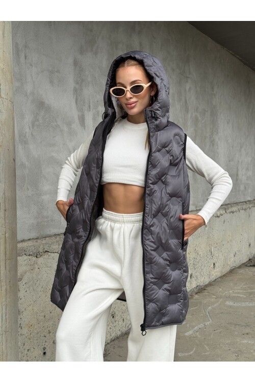 Kapşonlu Cepli Uzun Şişme Yelek
