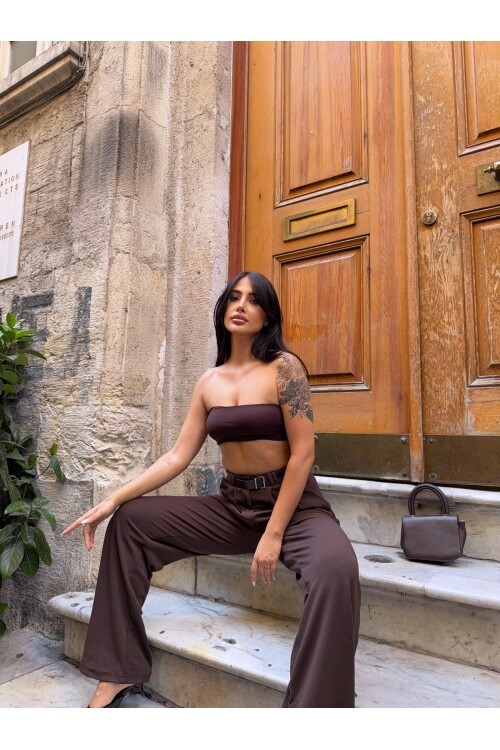 Kemerli Çift Pile Detay Palazzo Pantolon