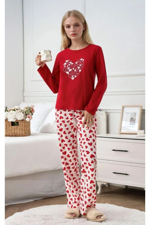 Kırmızı Kalp Desenli Uzun Kol Pijama Takımı
