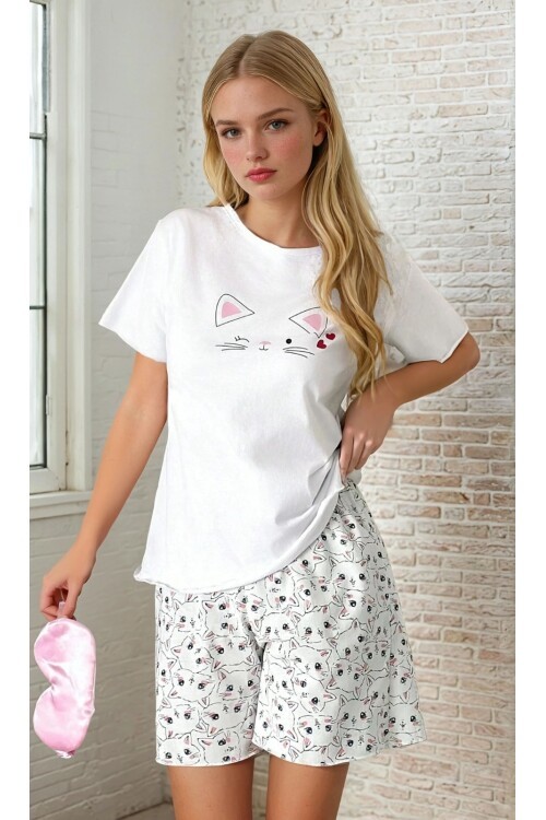 Kısa Kol Kedi Baskılı Şortlu Pijama Takımı