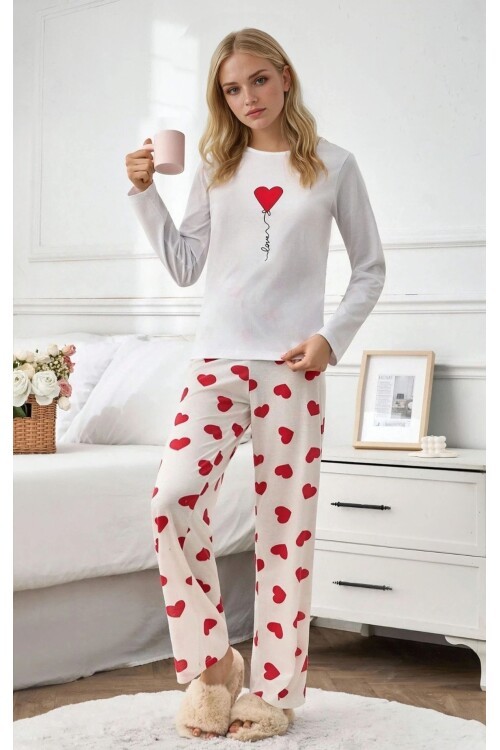 Love Balloon Baskılı Kalpli Uzun Kol Kadın Pijama Takımı