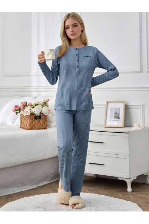 Mama Mood Kadın Düğmeli Ribana Pijama Takım