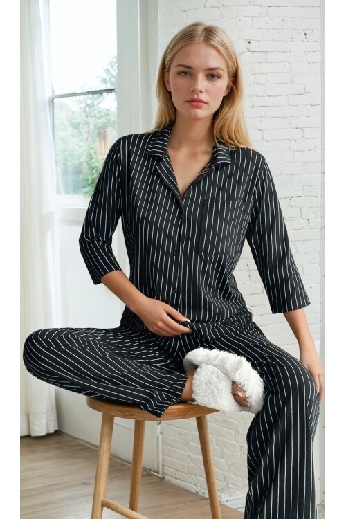 Midnight Lines Çizgili Siyah Pijama Takımı